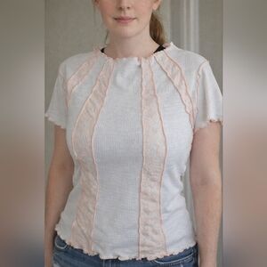 POL White Pink Ribbed Stripe Short Sleeve Top Ruffle Medium Babydoll Lace